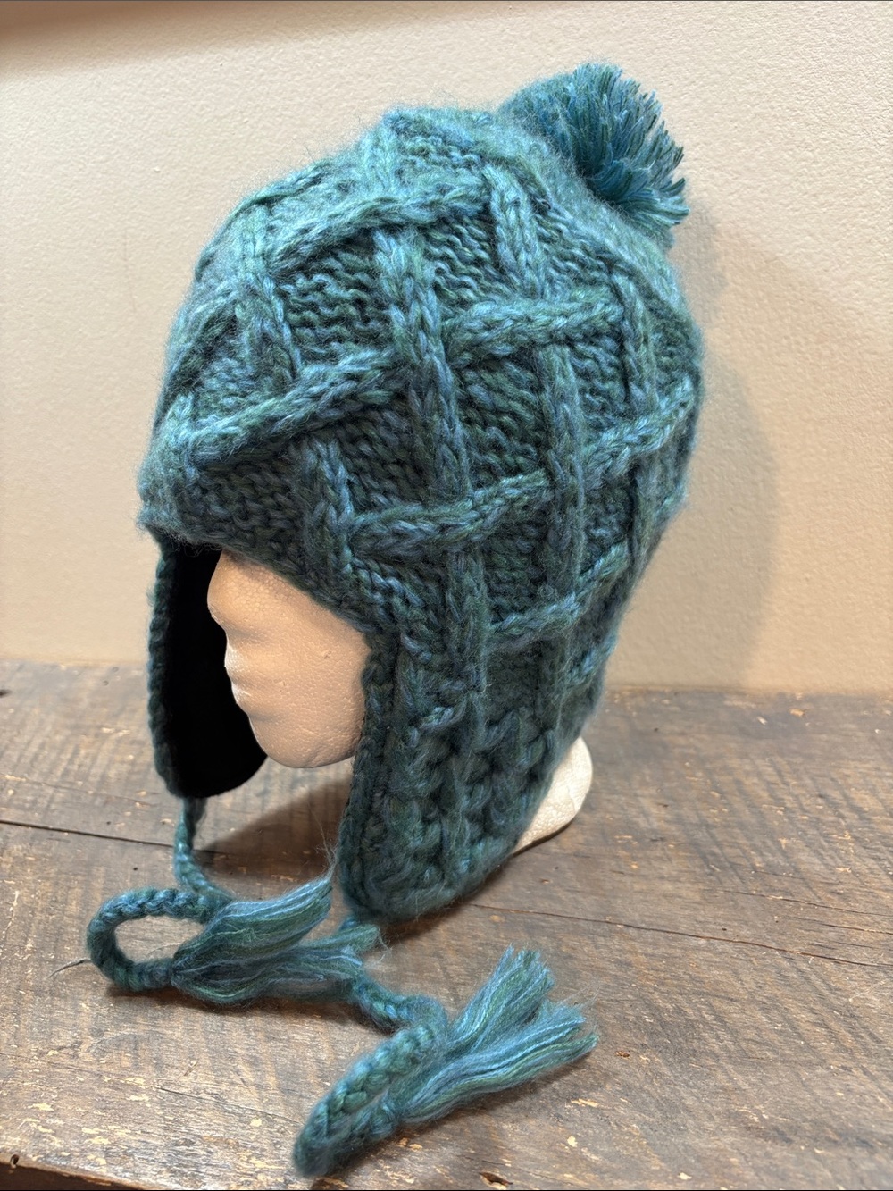 L.L. Bean Teal Knit Earflap Pom Beanie
